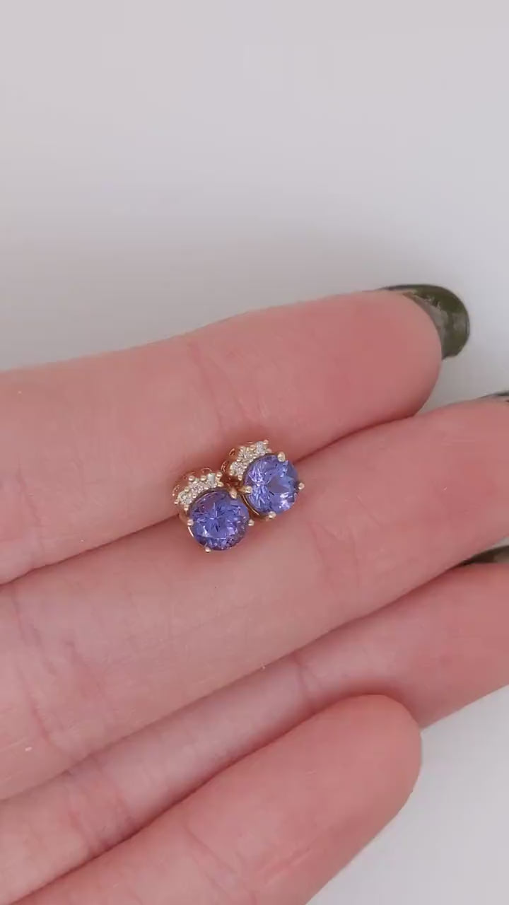 Dainty Tanzanite Earring Studs With Natural Diamond Accents in Solid 14K Yellow Gold |  Round 5mm | December Birthstone | Ready to Ship |