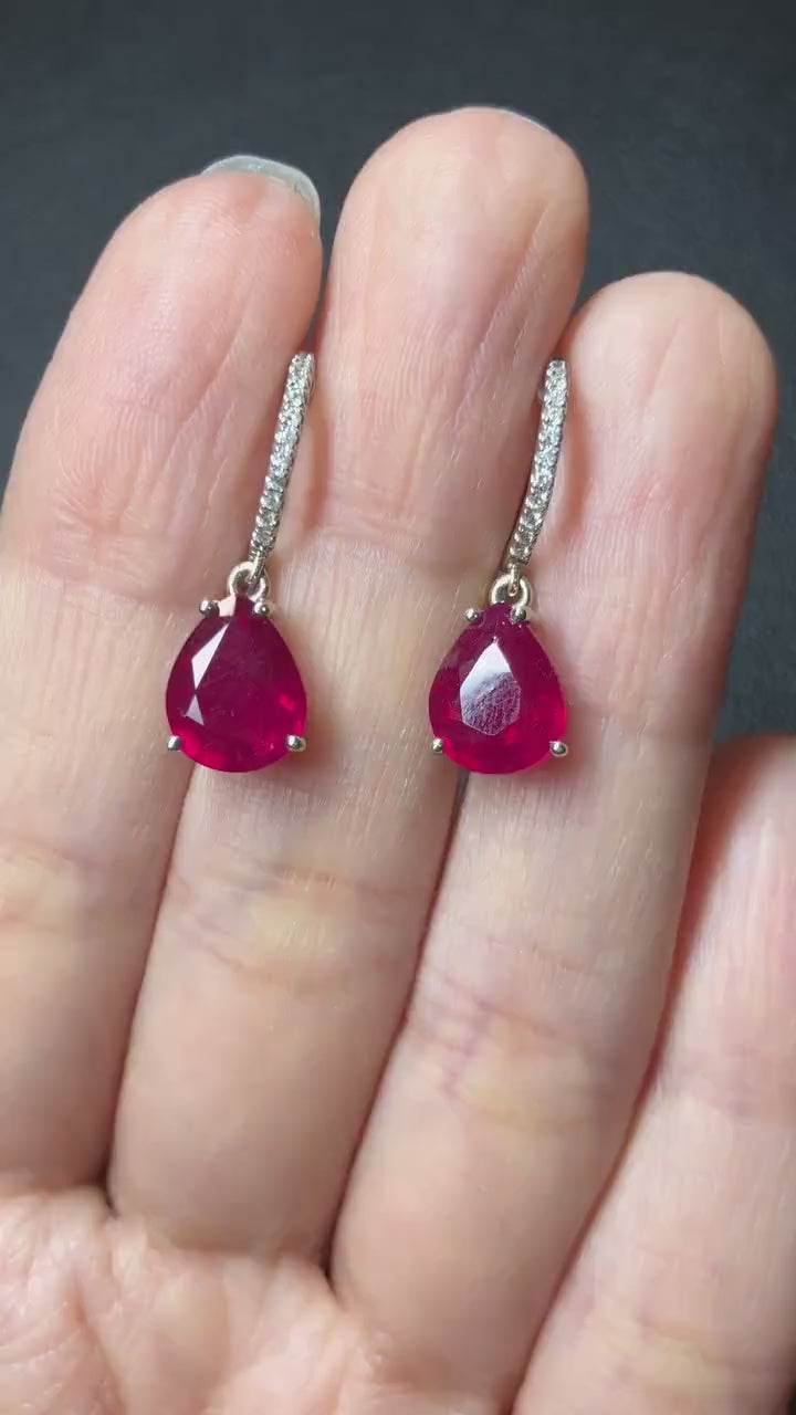 Dangly Pigeon Blood Red Ruby Drop Earrings in 14k Solid White Gold with Natural Diamond Accents | Pear Shape 10x8mm | July Birthstone