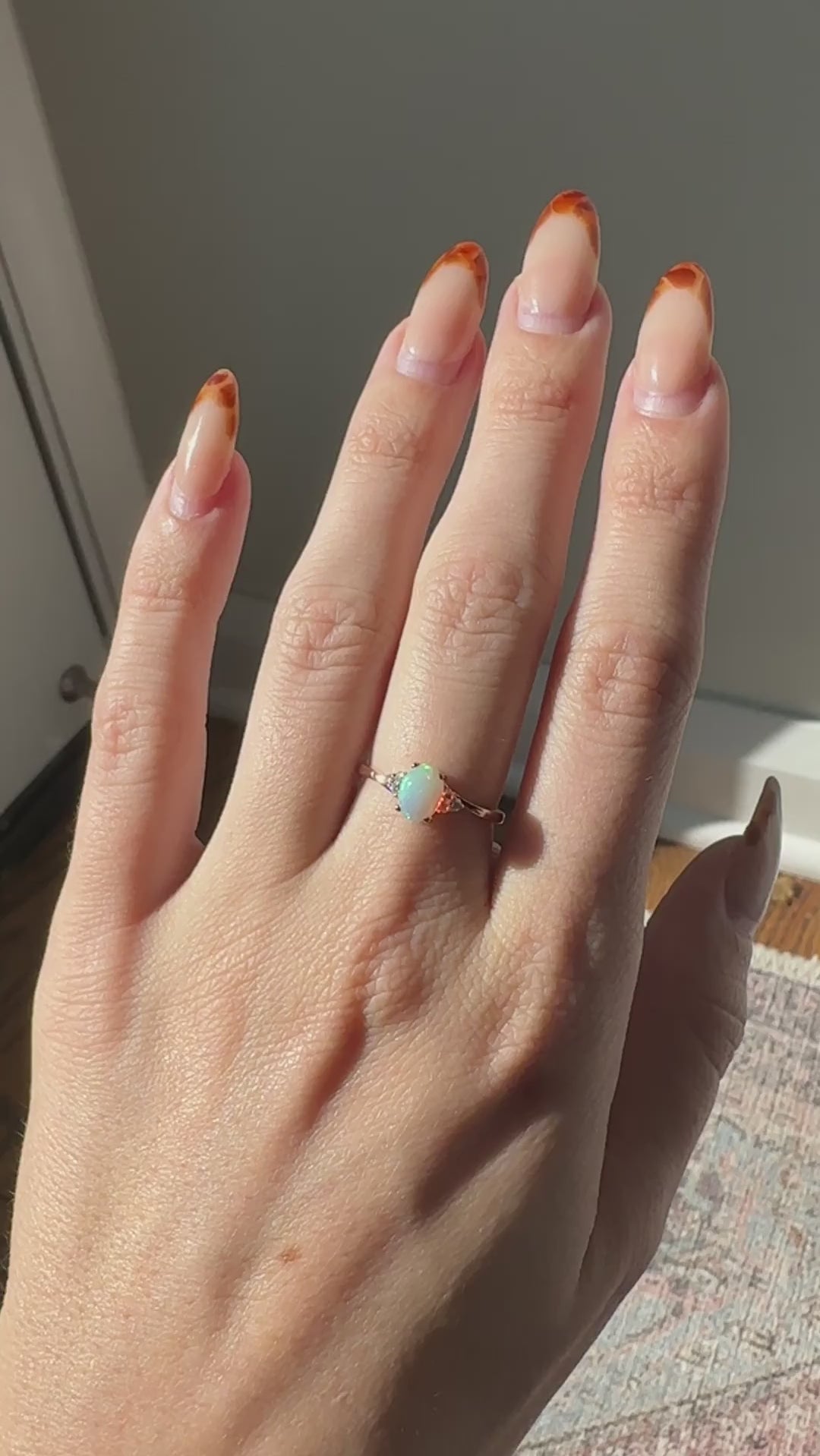 Opal Ring w Earth Mined Diamonds in Solid 14K Rose Gold | Oval 7x5mm