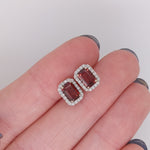 Red Garnet Stud Earrings w Earth Mined Diamonds in Solid 14k White Gold EM 6x4mm