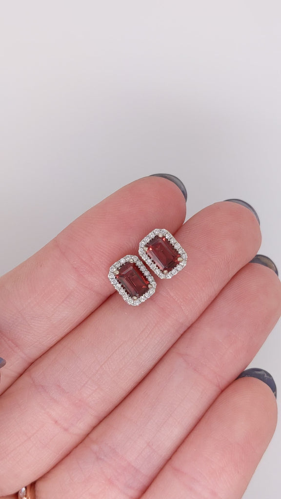 Red Garnet Stud Earrings w Earth Mined Diamonds in Solid 14k White Gold EM 6x4mm