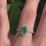 Emerald Ring In 14k Yellow Gold w Diamond Halo and Pear Diamond Accents | Oval 8x6mm | Pave Shank | May Birthstone | Green Gemstone Ring