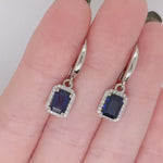 Classic Dangle Sapphire Earrings in 14k Solid White Gold with Natural Diamond Accents | Emerald 7x5mm | Blue Gemstones| September Birthstone