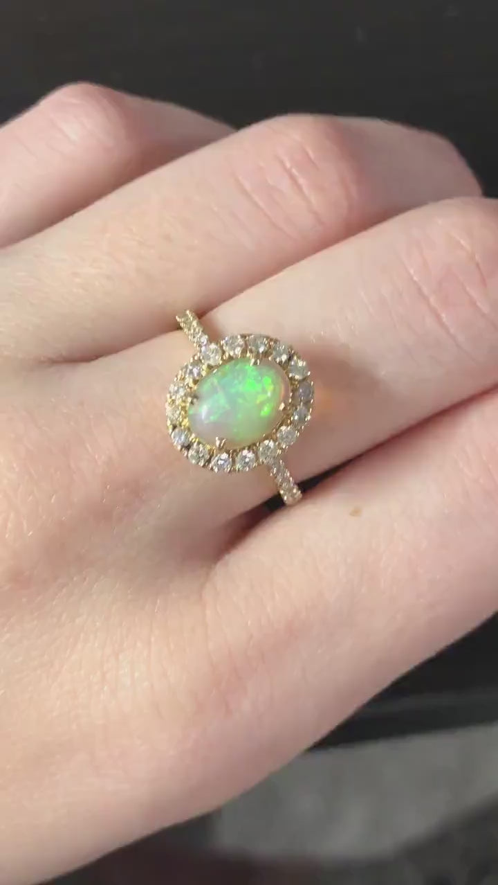 Beautiful Ethiopian Opal Ring with 14k Solid Yellow Gold and All Natural Diamond Halo | Oval 7x5 mm | Rainbow Gemstone | Unique Jewelry Gift