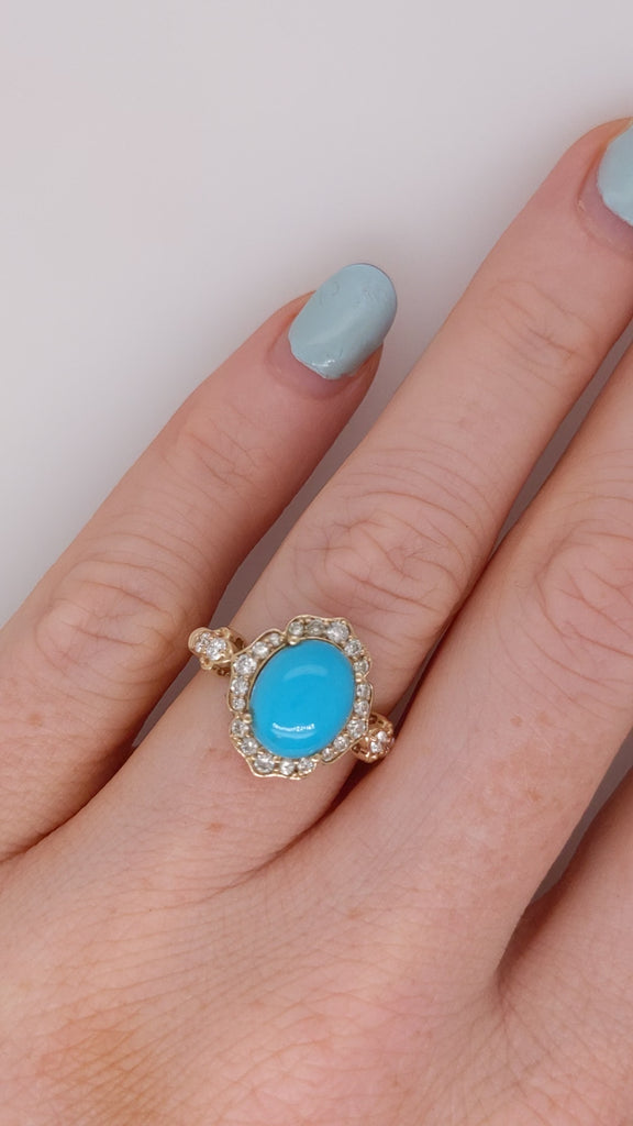 Sleeping Beauty Turquoise Ring w Earth Mined Diamonds in Solid 14K Gold OV 10x8