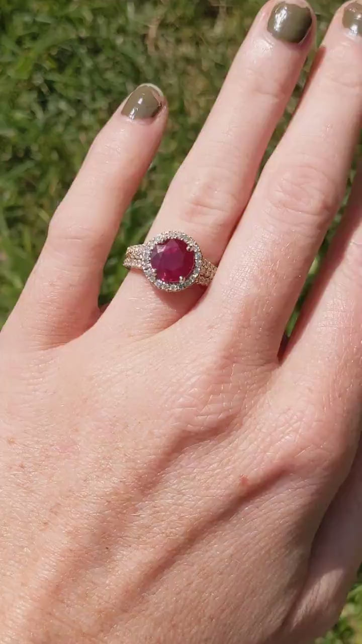 Gorgeous Red Ruby Ring with a Split Shank and Natural Diamond Halo in Solid 14k Yellow | Round 9mm | July Birthstone | Real Gemstone Jewelry