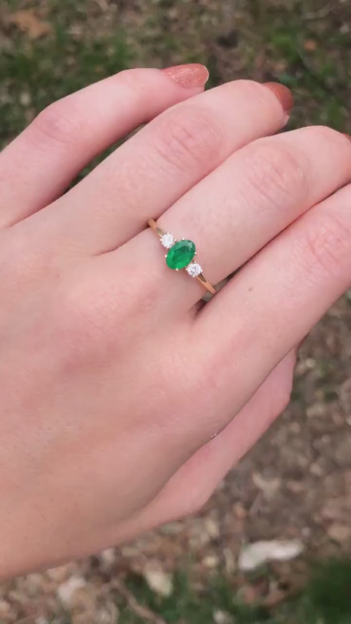 Classic Zambian Emerald Ring in Solid 14k Yellow Gold with Natural Diamond Accents | Oval 6x4mm | May Birthstone | Dainty Ring