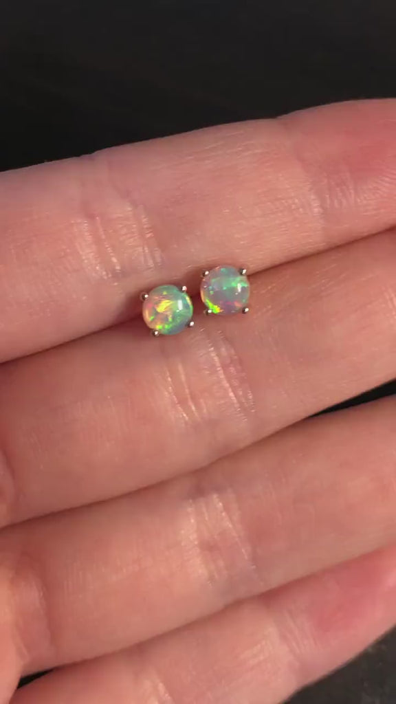 Glowing Round Opal Solitaire Stud Earrings in Solid 14k Gold | Round 5mm | Push Back | Play of Color | October Birthstone | Solitaire Studs