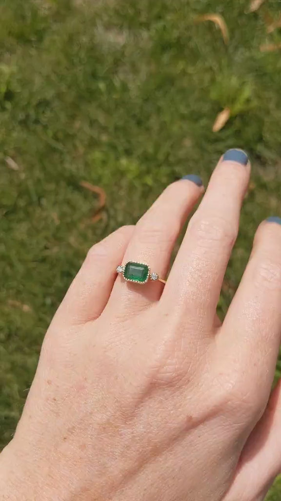 Elegant Emerald Ring in Solid 14K Yellow Gold I Emerald Cut 8x6mm I Zambian Emerald I Green Gemstone Ring I May Birthstone | Milgrain