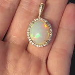 Ethiopian Opal Pendant w Pave Clasp Bail in 14K Gold | Natural Diamond Accents | Oval 16x13mm | Play of Fire | Cabochon Cut | Chain Option