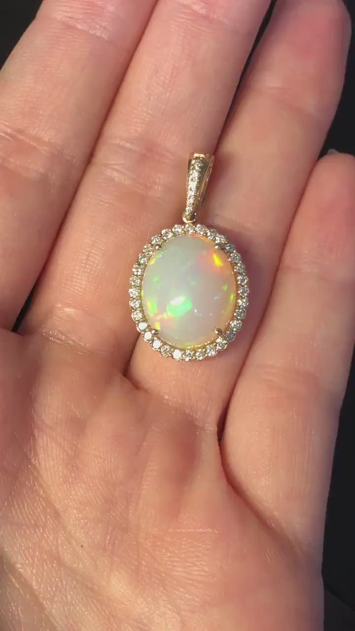 Ethiopian Opal Pendant w Pave Clasp Bail in 14K Gold | Natural Diamond Accents | Oval 16x13mm | Play of Fire | Cabochon Cut | Chain Option