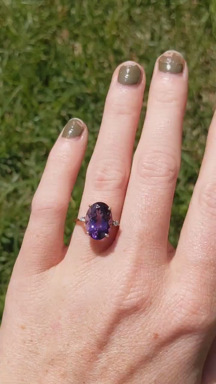 Deep Purple Amethyst in Solid 14k Yellow Gold w Natural Diamond Accents | Oval Cut 14x10 | Prong Set | February Birthday | Statement Ring