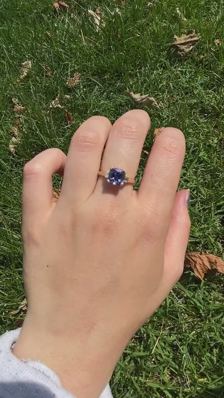 AAA Tanzanite Ring in 14K Yellow Gold w Baguette Diamond Accents | 2.27cts Cushion 8mm | Purple and Red Flashes | December Birthstone Ring