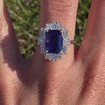 Art Deco Style Tanzanite Ring w All Natural Diamond Halo in Solid 14k White Gold | Emerald Cut 9x7mm | December Birthstone | Geometric Ring