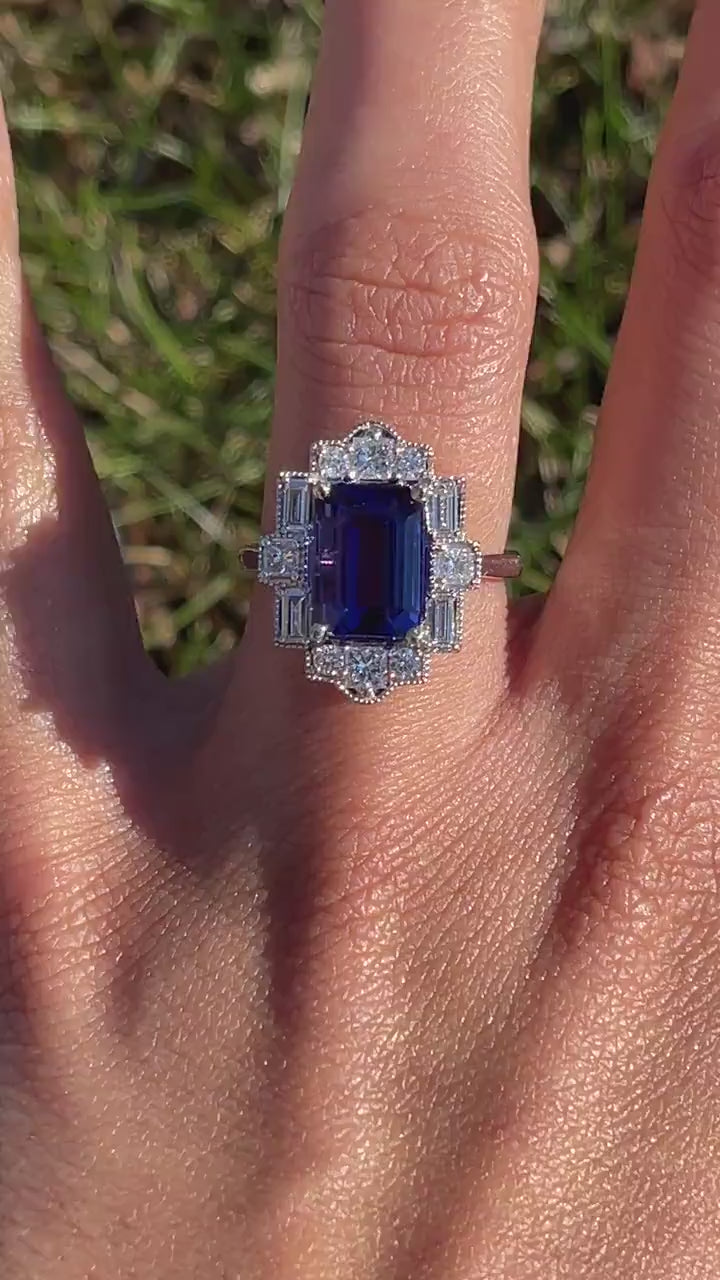 Art Deco Style Tanzanite Ring w All Natural Diamond Halo in Solid 14k White Gold | Emerald Cut 9x7mm | December Birthstone | Geometric Ring