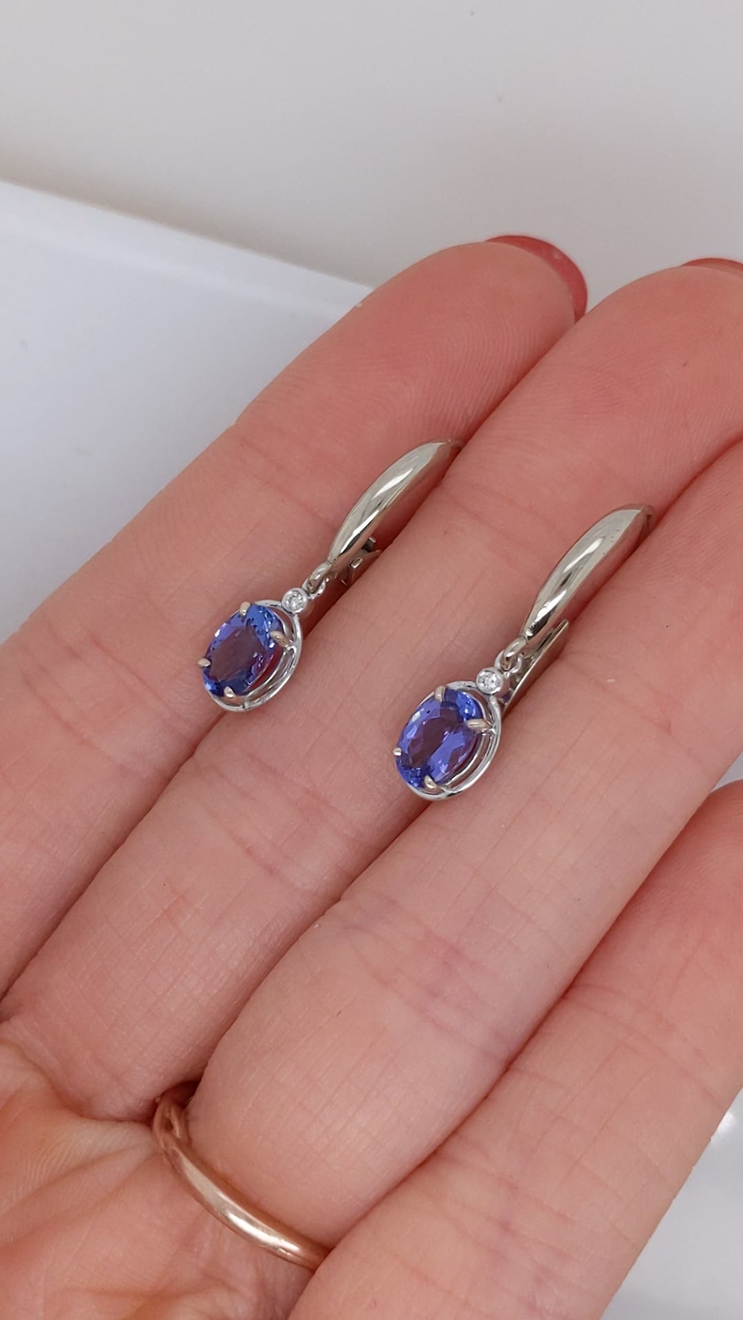 Tanzanite Lever Back Drop Earrings w Earth Mined Diamonds in Solid 14K Gold