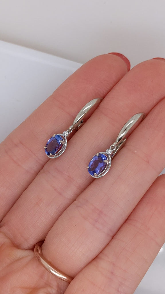 Tanzanite Lever Back Drop Earrings w Earth Mined Diamonds in Solid 14K Gold