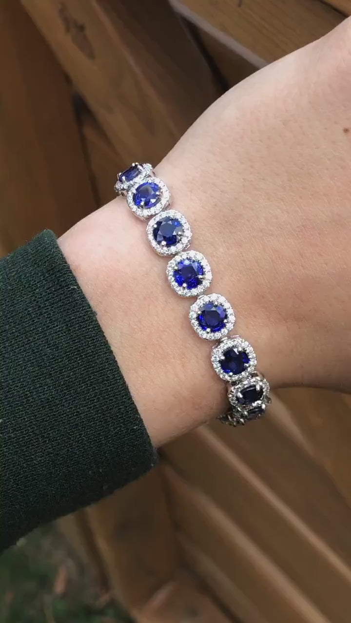 Stunning Sapphire Bracelet with Round Diamond Halo | Gemstone Tennis Bracelet in Solid 14k White Gold | 6mm Blue Gemstone | Ready to Ship!!!