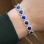 Stunning Sapphire Bracelet with Round Diamond Halo | Gemstone Tennis Bracelet in Solid 14k White Gold | 6mm Blue Gemstone | Ready to Ship!!!