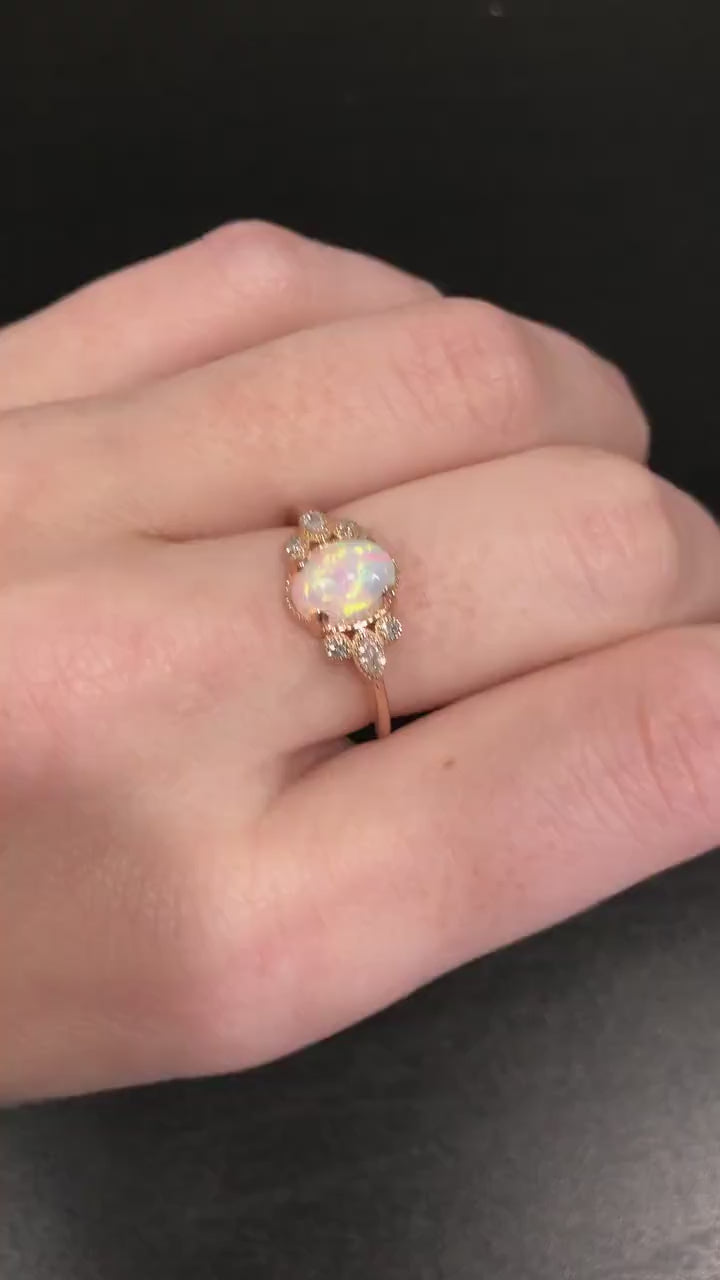 Colorful Ethiopian Opal Ring with Diamond Accents in Solid 14k Rose Gold | Oval 8x6mm | Milgrain | Gemstone Jewelry | October Birthstone