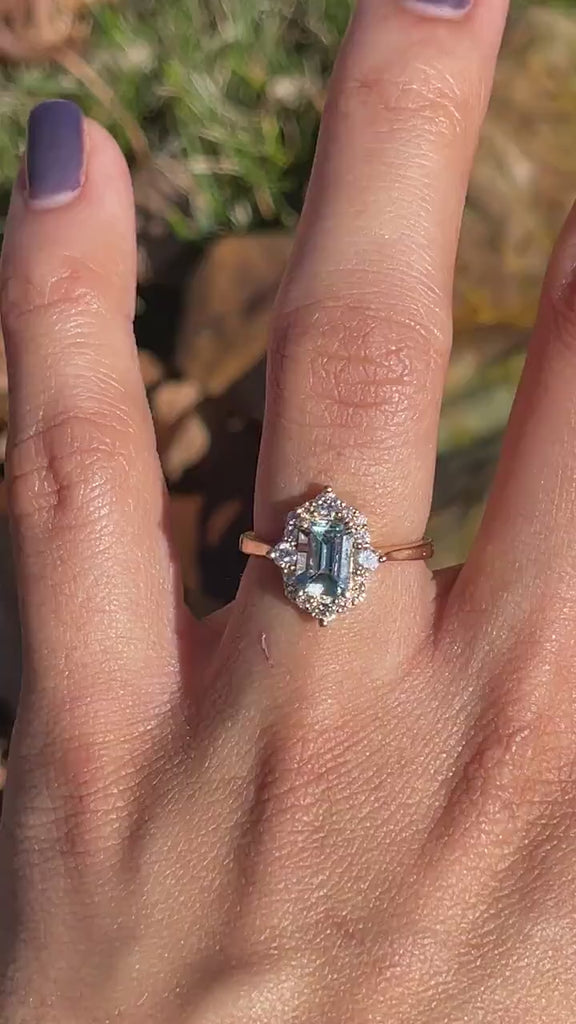 Compass Rose Aquamarine Ring in 14k Gold w a Halo of Natural Diamonds | Emerald Cut 7x5mm | March Birthstone | Light Blue Gemstone