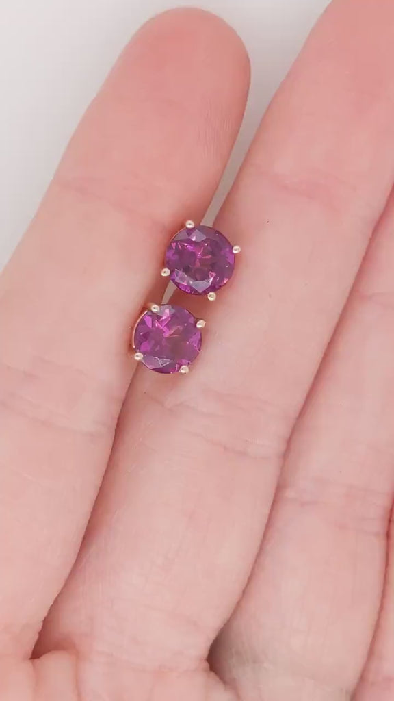 Purple Garnet Studs in Solid 14K Yellow, White or Rose Gold || Round 7mm | Solitaire Findings | Gemstone Earrings |