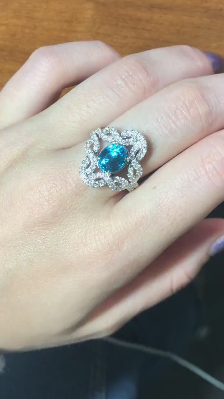 Sparkling Blue Zircon Ring in Solid 14K White Gold w Intricate Pave Diamond Design | Oval 9.5x7.5mm | Art Deco Ring | December Birthstone