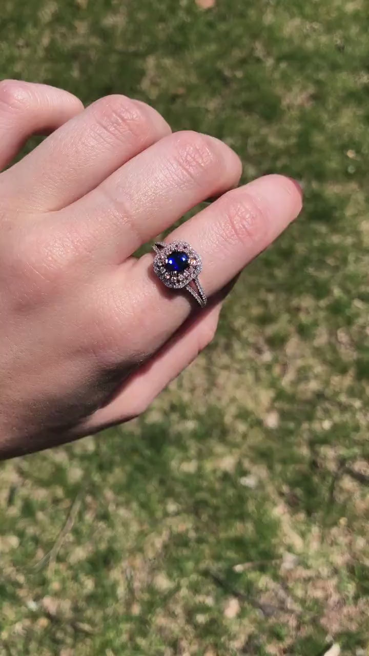 Blue Sapphire Ring Accented w/ Double Halo of Natural Diamonds in Dual Tone 14k Solid Gold | Round | Split Pave Shank | September Birthstone