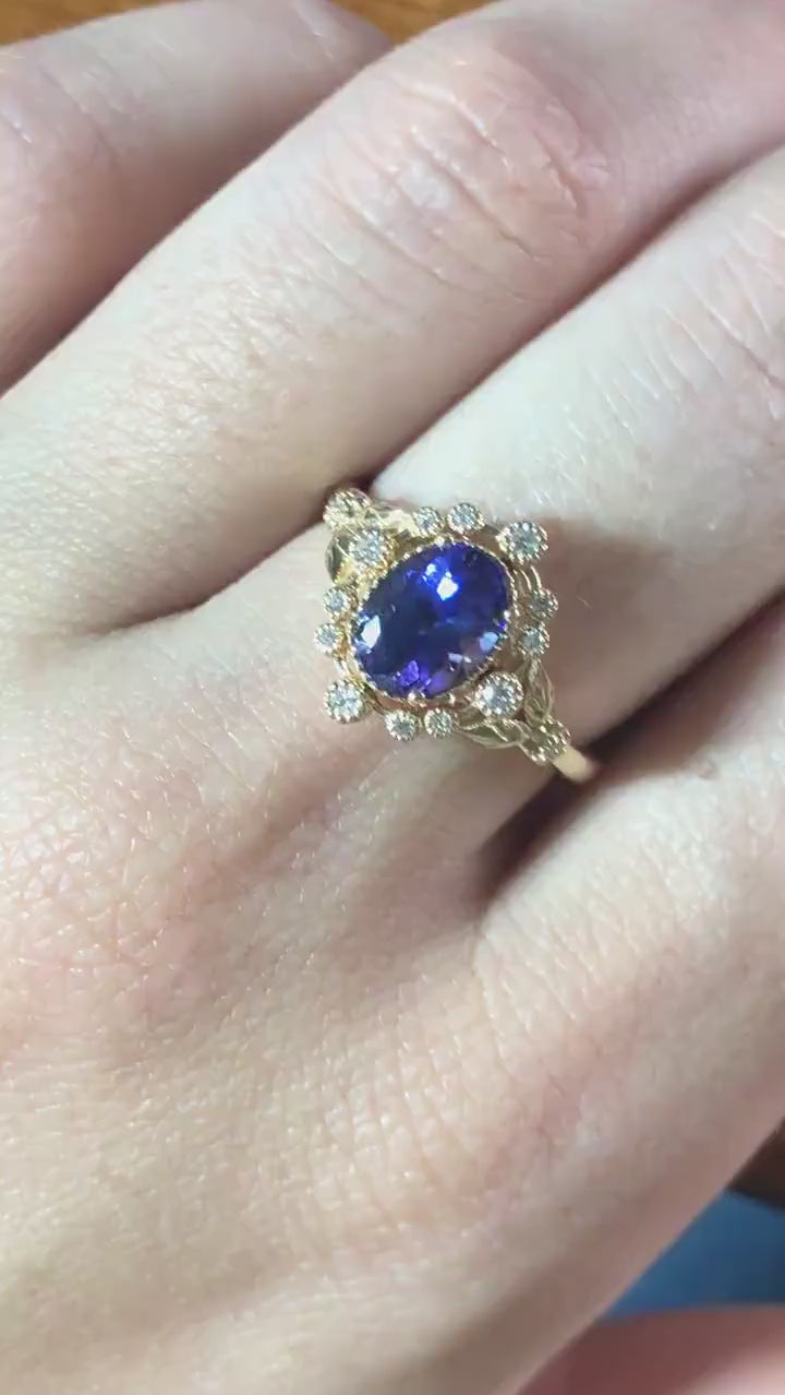 Floral Tanzanite Ring in 14k Solid Yellow, White or Rose Gold w Diamond Accent and Milgrain Detail | Oval 8x6mm | December | Bezel | Deep