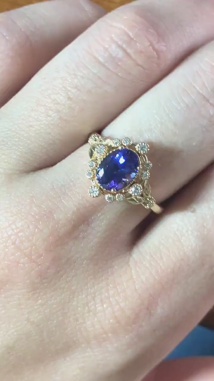 Floral Tanzanite Ring in 14k Solid Yellow, White or Rose Gold w Diamond Accent and Milgrain Detail | Oval 8x6mm | December | Bezel | Deep