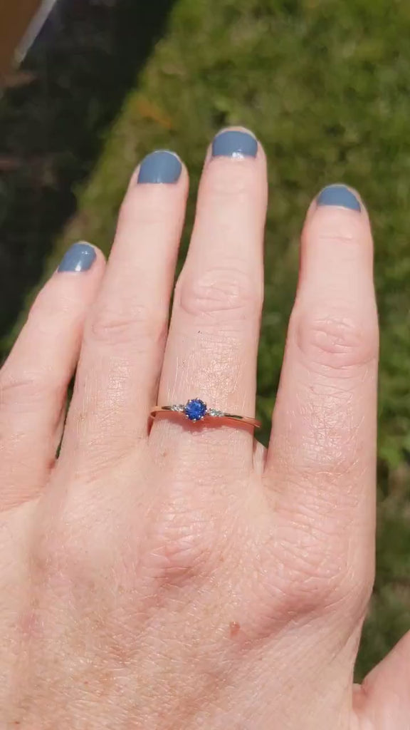 Minimalist Blue Sapphire Ring with All Natural Diamond Accents in Solid 14k Yellow Gold || September Birthstone || Dainty || Customizable