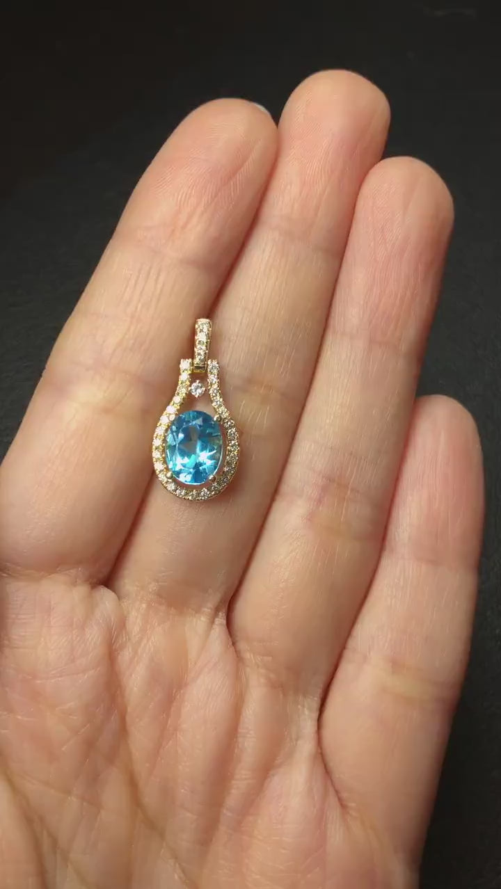 Pretty Swiss Topaz Pendant in Solid 14K Yellow Gold with Diamond Accents | Oval 9x7mm | December Birthstone | Blue Gemstone | Ready to Ship