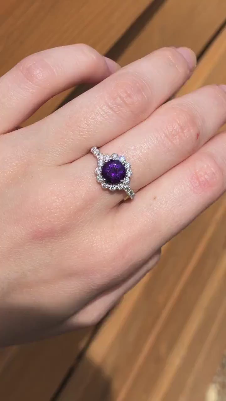 Beautiful Deep Purple Amethyst Ring in Solid 14k White Gold with Natural Diamond Accents | Round 7mm | February Birthstone | Engagement Ring