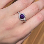 Beautiful Deep Purple Amethyst Ring in Solid 14k White Gold with Natural Diamond Accents | Round 7mm | February Birthstone | Engagement Ring