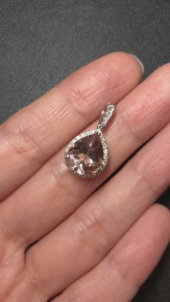 Peach Morganite Pendant in Solid 14K White Gold with Diamond Accents | Pear Shape 11x9mm | October Birthstone | Diamond Bail | Halo