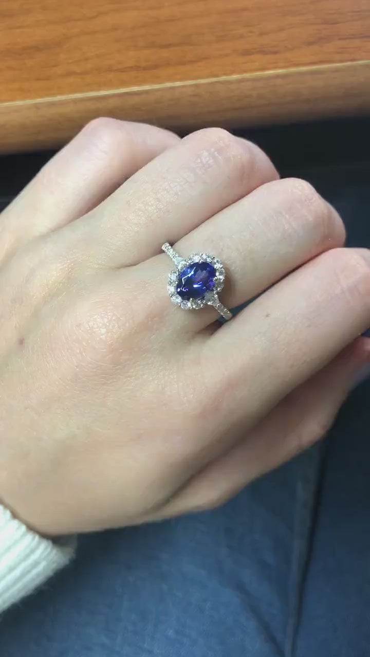 Vibrant Tanzanite Ring in 14k Solid White Gold with Round and Pear Shape Natural Diamond Accents | Oval 8x6mm | December Birthstone