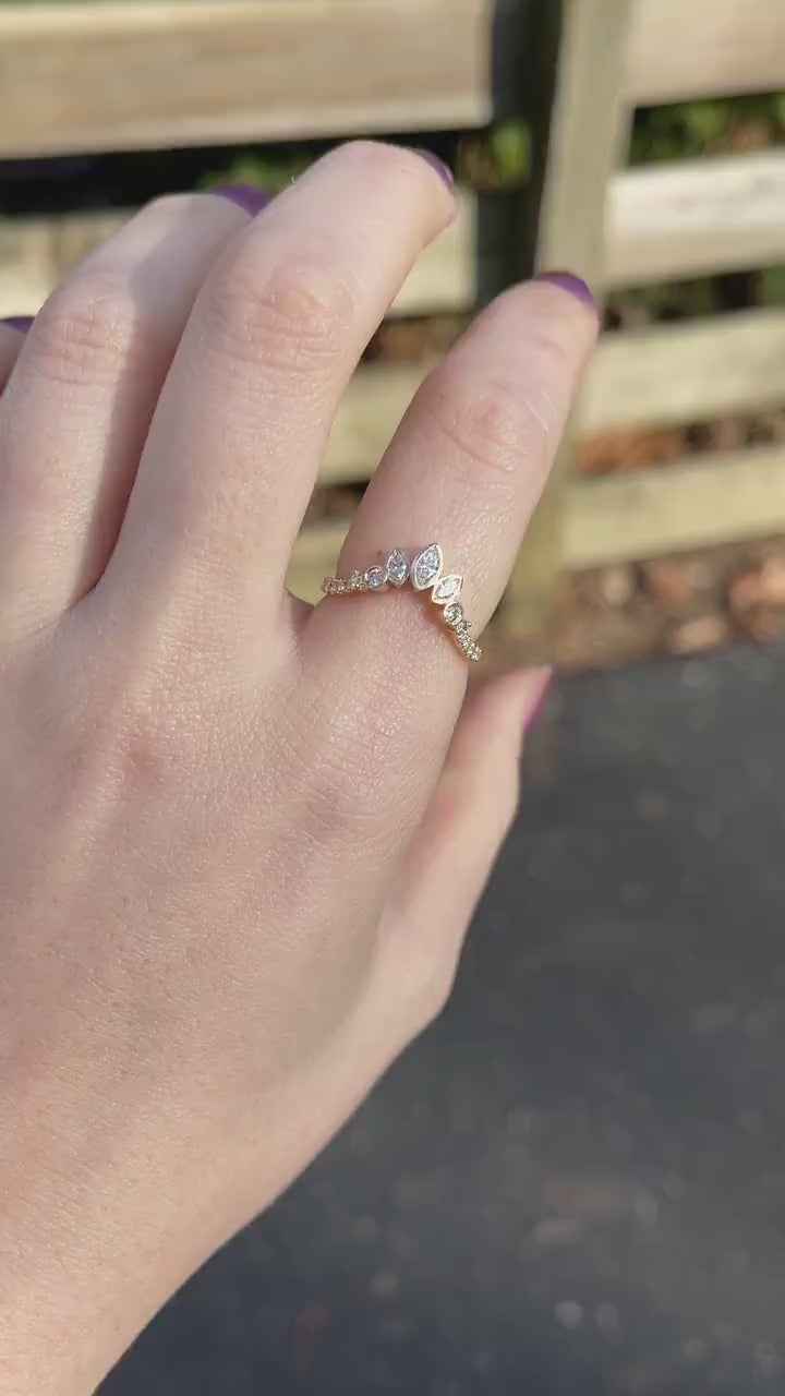 Tiara Shadow Band w Bezel Set Natural Diamonds in Solid 14k Gold | Marquise Diamonds | Unique Wedding Band | Crown | Stackable | Sizable