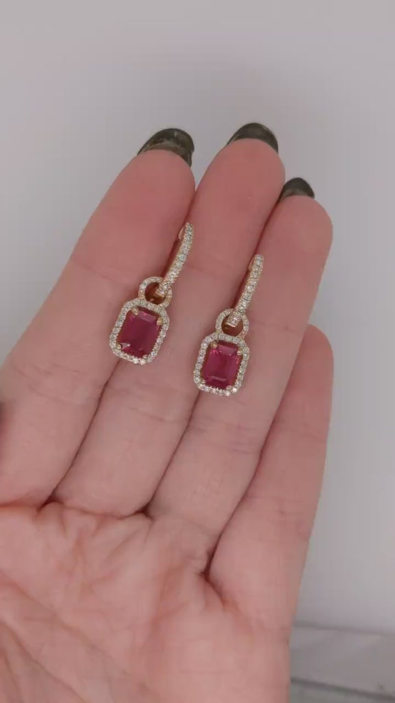 Lovely Dangle Red Ruby Earrings in 14k Solid Yellow Gold with Natural Diamond Accents | Emerald Cut 7x5mm | Red Gemstones | July Birthstone