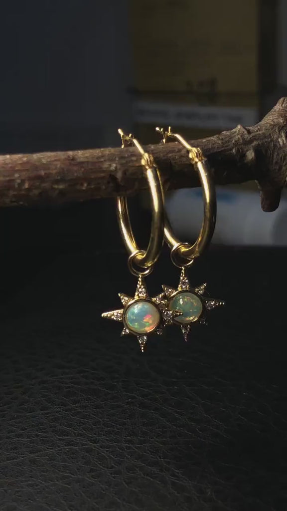 Unique Dangly Ethiopian Opal Drop Earrings in 14k Solid Yellow Gold with Natural Diamond Accents | Round 5mm | October Birthstone | Hoops
