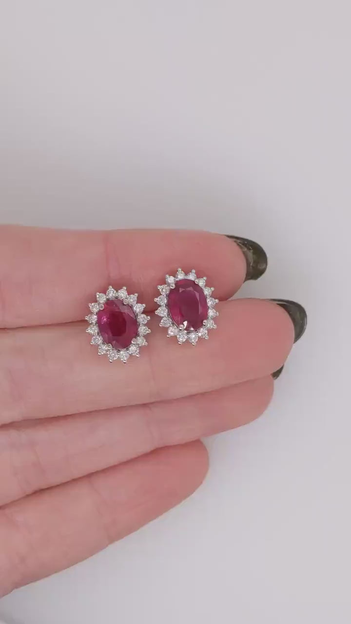 Starburst Red Ruby Studs in 14k Solid White Gold with Natural Diamond Accents || Oval 8x6mm || July Birthstone || Dainty Studs || Halo ||