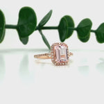 Nature Inspire Pink Morganite Ring with All Natural Diamond Accents in Halo in Solid 14K White and Rose Gold | Emerald Cut 10x8mm