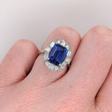 Art Deco Style Tanzanite Ring w All Natural Diamond Halo in Solid 14K Gold | EM 9x7mm