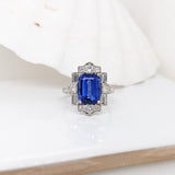 Art Deco Style Tanzanite Ring w All Natural Diamond Halo in Solid 14K Gold | EM 9x7mm