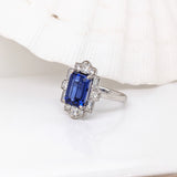 Art Deco Style Tanzanite Ring w All Natural Diamond Halo in Solid 14K Gold | EM 9x7mm