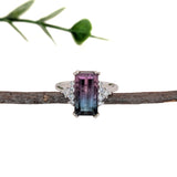 4.4ct Bicolor Tourmaline Ring w Natural Diamond Accents in Solid 14K White Gold | EM 12.6x6.5mm