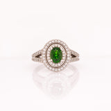 Stunning Chrome Diopside Ring w Earth Mined Diamonds in Solid 14K White Gold | Oval 7x5mm