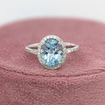 Beautiful Aquamarine Ring in Solid 14K White Gold with a Halo of Natural Diamond