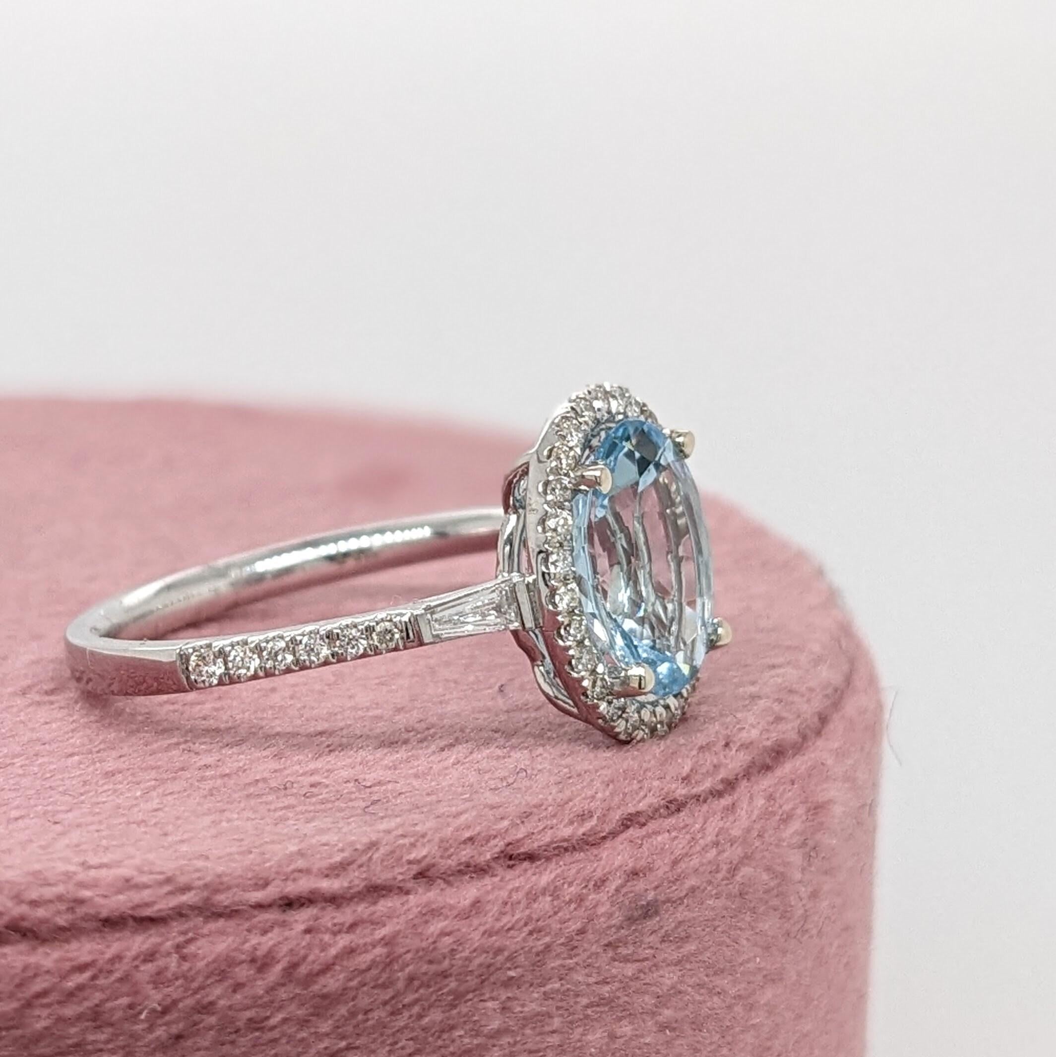 Beautiful Aquamarine Ring in Solid 14K White Gold with a Halo of Natural Diamond