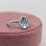 Beautiful Aquamarine Ring in Solid 14K White Gold with a Halo of Natural Diamond