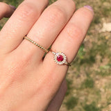 CLOSEOUT! Red Ruby Ring in 14K Rose Gold with a Natural Diamond Halo in a Flower
